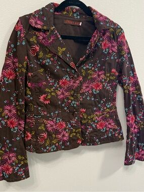 Johnny Was Embroidered Floral Jacket Medium Brown Boho Chic Lightweight Blazer